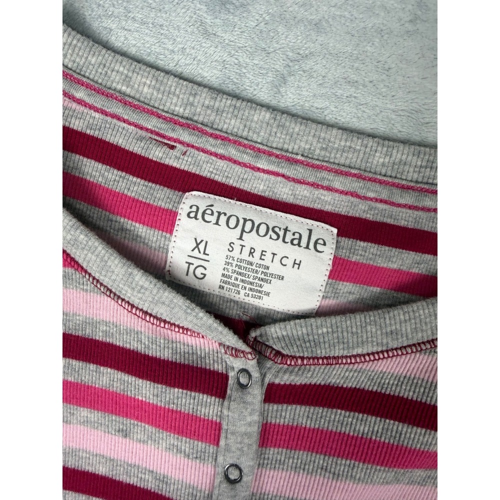 Aeropostale Womens XL Pink Striped Ribbed Henley Long Sleeve Top Stretch Cotton - Picture 3 of 6